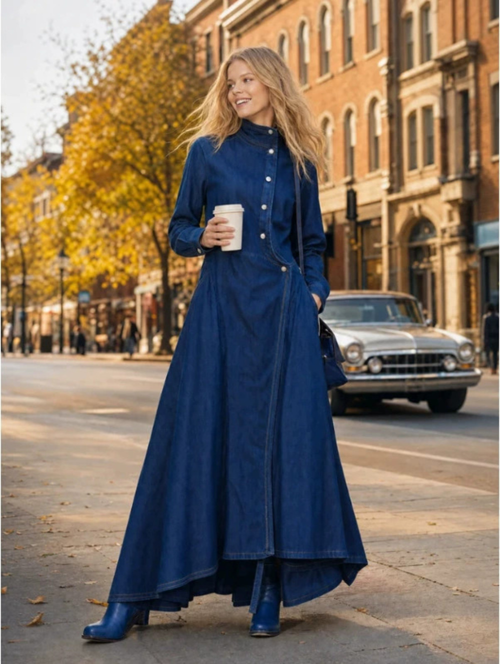 H&M Retro Stand Collar Asymmetric Placket Denim Dress